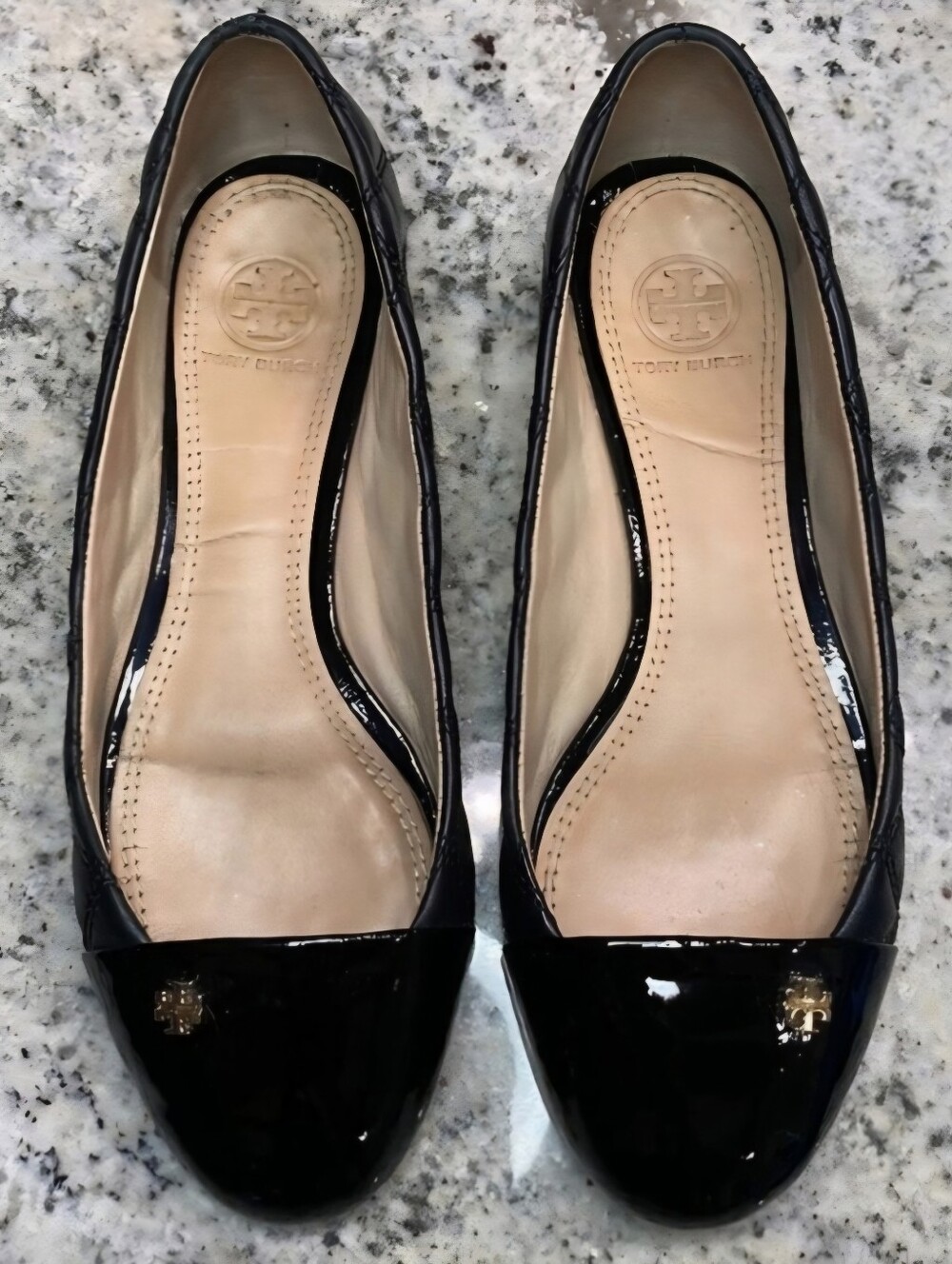 Tory Burch Black Patent Leather Logo Cap-Toe Flats